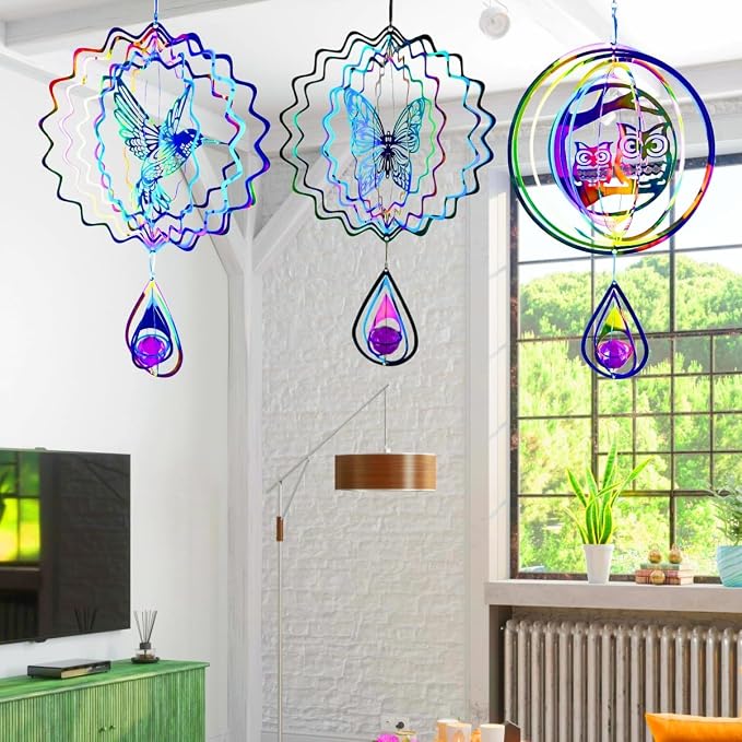 Stainless Steel Owl Reflective Spinners Deterrent Scarecrows to Scare Keep Woodpecker Pigeon Hawk Away from House Rainbow Wind Spinners for Outside Outdoor Gifts for People with Dementia Sun Catcher