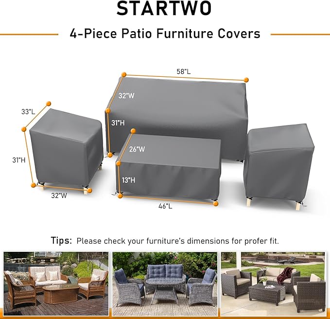STARTWO Outdoor Patio Furniture Covers Waterproof 4-Piece Set, for Chairs 33in, Loveseat 58in, Coffee Table 46in, Grey