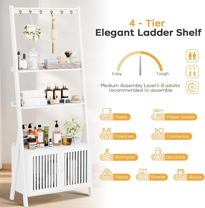 Bookcase with Drawers, 4-Tier Bamboo Bookshelf Ladder Shelf with 6 Hooks, 59.5"H x 24.8"L x 10.6"W, Tall Narrow Freestanding Standing Storage Organizer for Living Room, Office, Bedroom, White