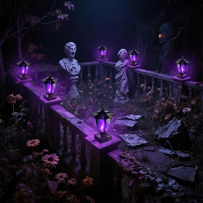 Dynaming Solar Flame Post Cap Lights Outdoor, Halloween Flickering Purple Flame Post Lights, Solar Powered LED Lantern Waterproof for Garden Deck Fence Patio, Fit 4x4, 5x5 or 6x6 Wooden Posts, 2 Pack