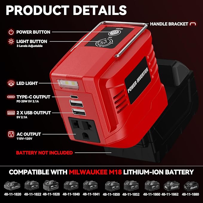 VAXCANZE 200W Power Inverter for Milwaukee, DC 20V to AC 110V Inverter, Portable Power Station with 2 USB Ports & 1 AC Outlet & 1 Type-C Fast Charging, Battery Adapter with LED, Battery Not Include