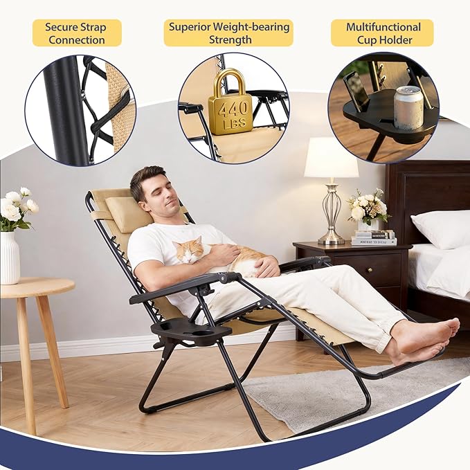 Sweetcrispy Zero Gravity Chairs, Set of 4 Portable Recliner Beach Camping Patio Outdoor Folding Lounge Chair with Cup Holder Trays and Adjustable Pillow for Poolside, Garden, Backyard, Lawn (Khaki)