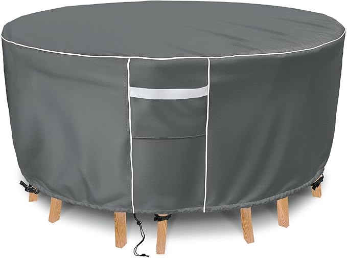 Gasadar Round Patio Table Cover Waterproof, Outdoor Furniture Covers for Round Table Set, 600D Heavy Duty, 96" Dia x 28" H, Grey