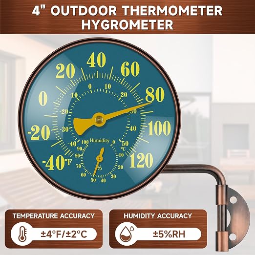 4 Inch Outdoor Thermometer and Humidity Gauge, Brass Retro Wall Mount Analog, Waterproof Temperature Hygrometer with Large Easy-Read Dial for Patio, Garden, Garage, Greenhouse
