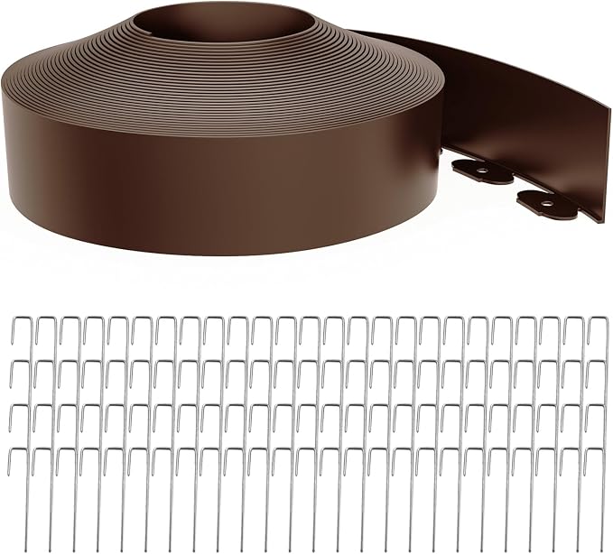 Landscape Edging 4 Inch Tall 80FT with 100Pcs Metal Spikes, Plastic Garden Edging Border Landscape Edging Border Lawn Edging for Landscaping, Flower Bed, Yard(Brown)