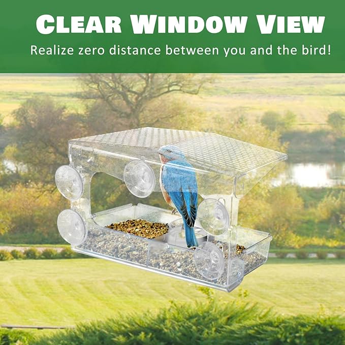 Clear Window Bird Feeder with 5 Extra Strong Suction Cups, Acrylic Wildlife Seed Feeder， as an Outdoor Transparent Bird Watching Gift, Easy-to-Clean, Garden Decor-2 Pack