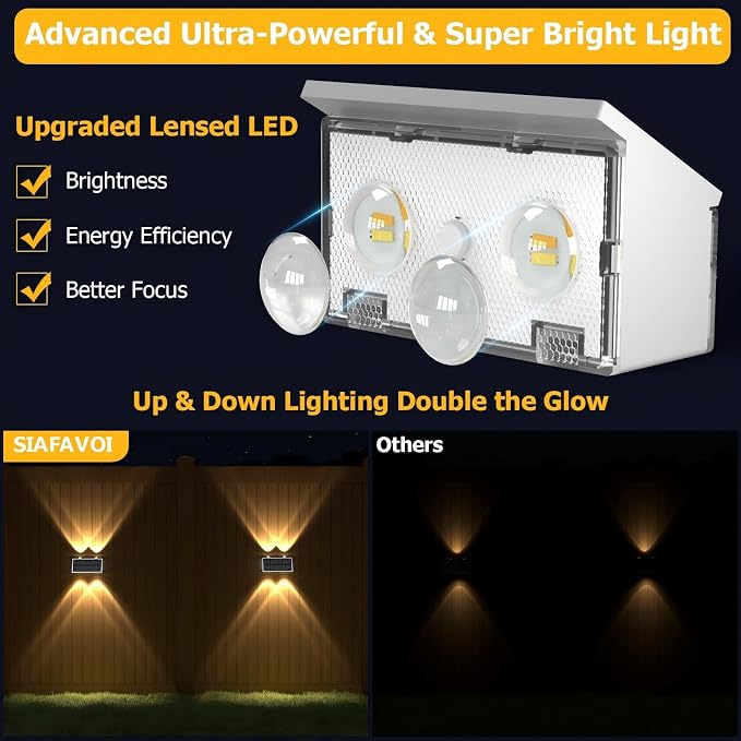 Solar Fence Lights Outdoor, 12 Pack Warm & Cool White RGB LED IP68 Waterproof Wall Mount Sconce Up & Down Solar Lights for Outside Garden Patio Backyard Garage Step（White
