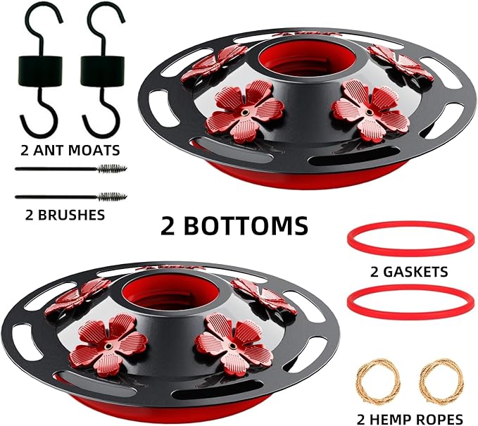 2 Pack Hummingbird Feeder Base Replacement Part Accessories Set - Includes 2 Pcs Bottom Base, Moat Hooks, Seal Rings, Brushes and Hanging Ropes (2, Black-2)