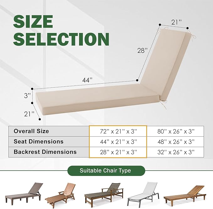 Chaise Lounge Cushions Outdoor, 72x 21x 3 Inch Waterproof & Fade-Resistant Lounge Chair Cushion, Outdoor Chaise Cushion with Removable Cover & Ties for Lawn, Patio, Pool & Beach, Beige