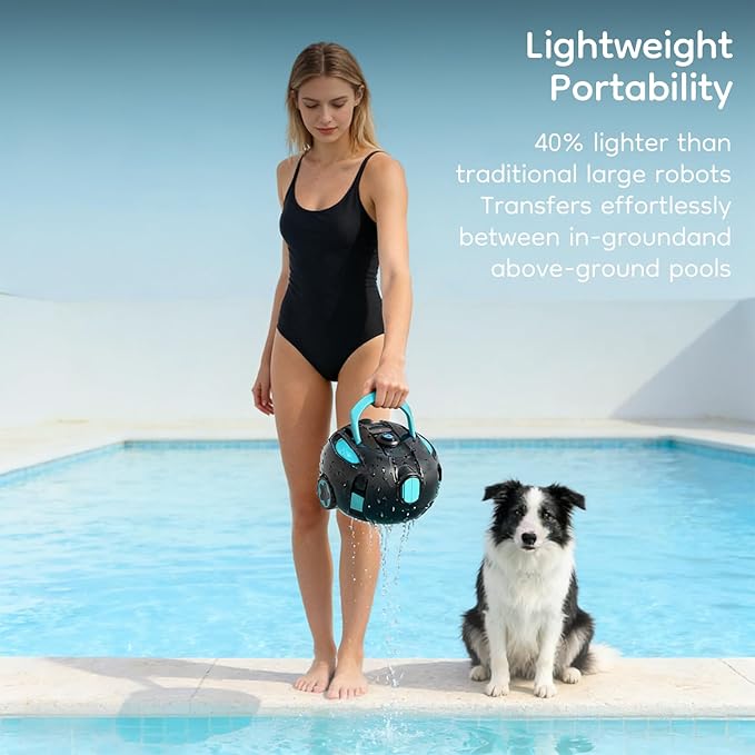 Robotic Pool Cleaner, Powerful Robotic Cleaner with Dual Suction Inlets, Cordless Automatic Pool Cleaner for In-Ground & Above Ground Pools, 130-Min Runtime, Lightweight Design with Auto Park Feature