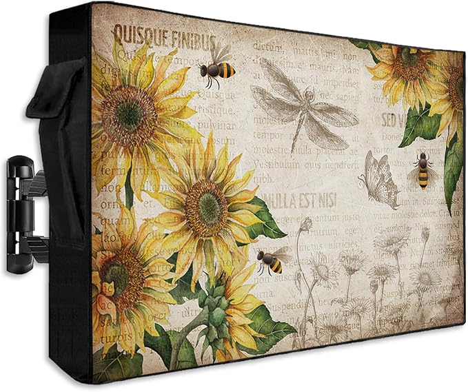 Retro Farmhouse Outdoor TV Cover Fit 40-43" Size, Weatherproof, Waterproof Oxford Cloth TV Enclosure with Sunflowers & Honey Bee Vintage Background