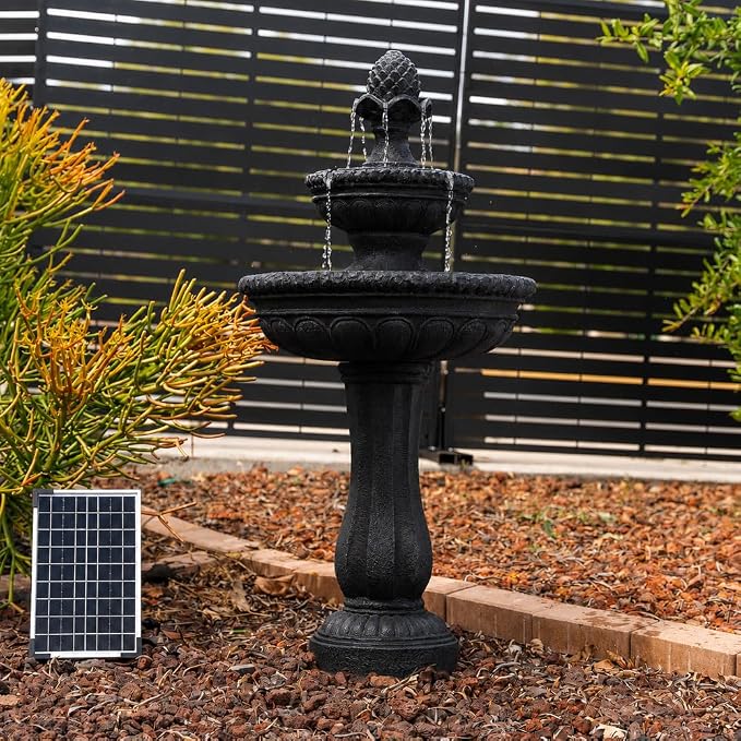 XBrand 39" 2-Tier Outdoor Freestanding Solar Water Fountain - Classic Design, Black Resin Bird Bath with Pump - Ideal for Yard, Lawn and Garden, Porch Décor
