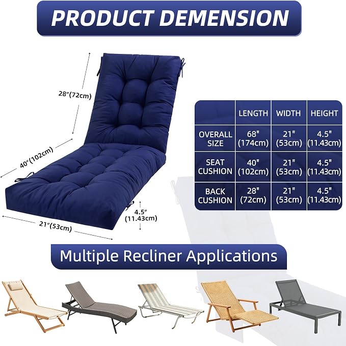 Patio Chaise Lounge Cushions, 68"x21"x4.5" Waterproof Replacement Beach Pool Lawn Outdoor Lounge Chair Cushion with Pocket, Non-Slip Bottom & Secure Ties for Outdoor Furniture, Dark Blue