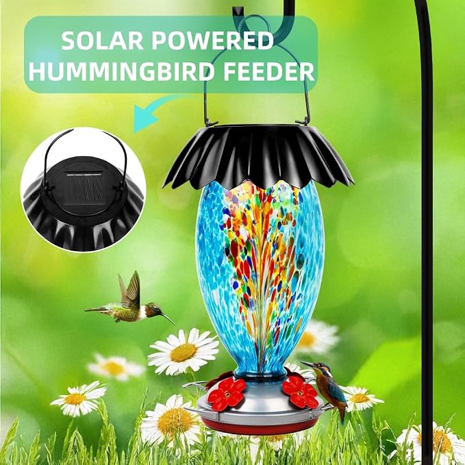 Solar Hummingbird Feeder for Outdoors Hanging Colorful Lighting 32 Oz Hand Blown Glass Hummingbird Feeder for Garden Decoration with Accessories (Color)