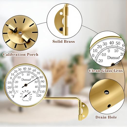 Outdoor Thermometer - Weatherproof & Decorative Outside Temperature Gauge for Window, Greenhouse Accessories and Patio (Easy-Read Brass Swivel Design) (4inch Gloden case+ White dial)