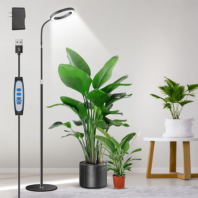 Aumtrly Grow Lights for Indoor Plants, Full Spectrum Floor Standing Plant Lights with 68" Stand for Growing Large Tall Plants, Black Halo LED Plant Grow Light with 6/12/16H Timer