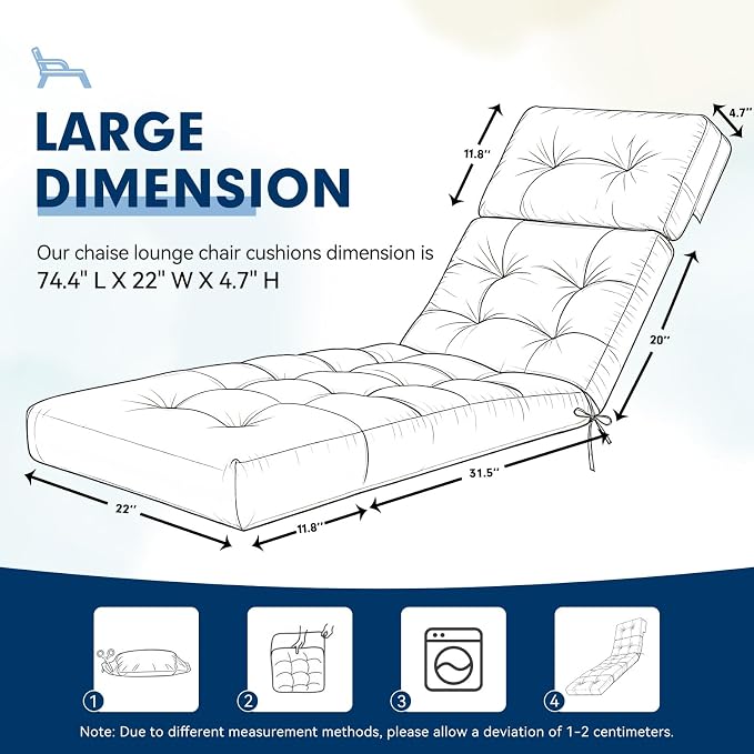 Non-Slip Outdoor Chaise Lounge Chair Cushion, Waterproof 74.4 x 22 x 4.7 Inches Lounge Chair Cushions for Outdoor Patio Furniture with Ties, Pool Chaise Lounge Cushions Replacement, Blue
