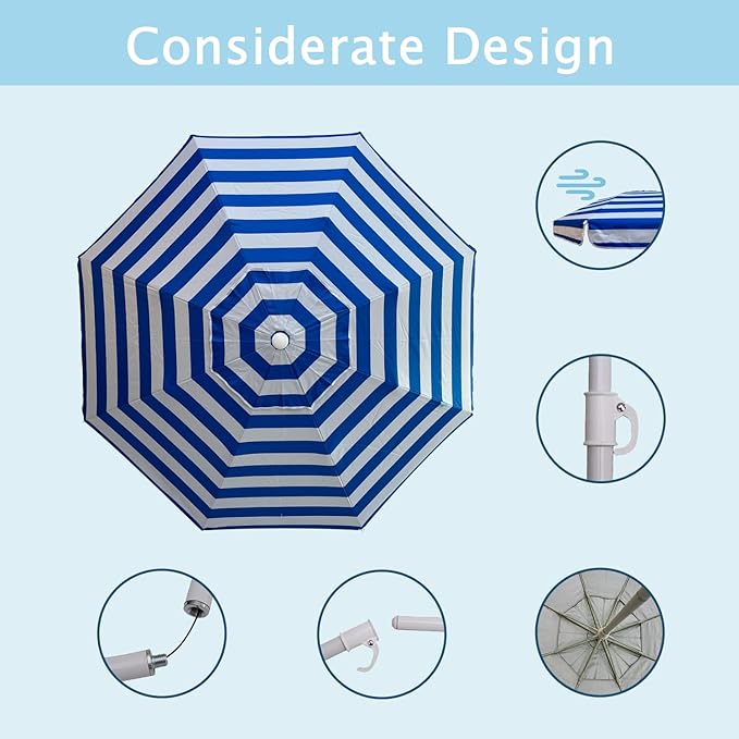 LOTTAFUN 6ft Beach Umbrella - Heavy Duty Wind Resistant UV 50+ Portable Sun Shade with Sand Anchor & Carry Bag, Outdoor Folding Umbrella for Beach, Pool, Patio, Garden (Blue strip)