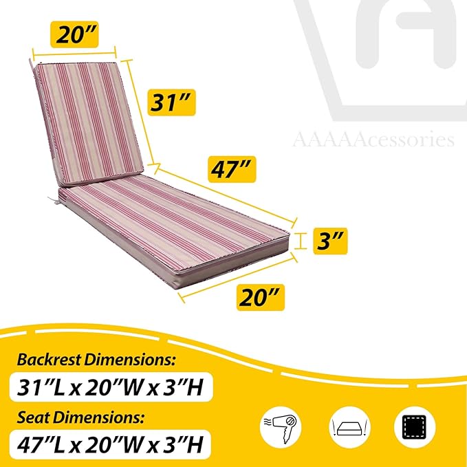 AAAAAcessories Outdoor Chaise Lounge Cushions, Fade-Resistant, Waterproof Patio Furniture Replacement Cushions, 78" x 20" x 3", Set of 2, Dusty Rose Garden Stripe