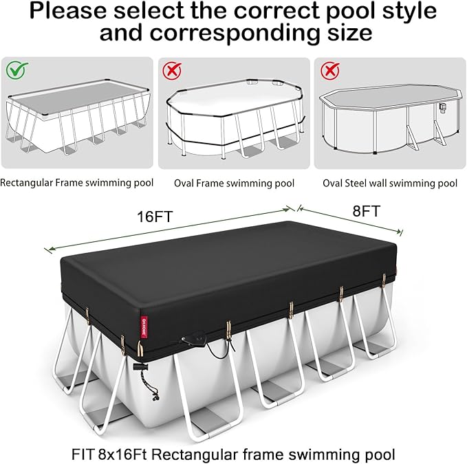 QH.HOME 8x16ft Rectangular Pool Cover,[Ultimate Windproof & Tear-Resistant Fabric],Snug Fit with Patented Ratchet & Weight Rings,Solar Pool Cover for Above Ground Pools, Blocks Leaves &Waterproof