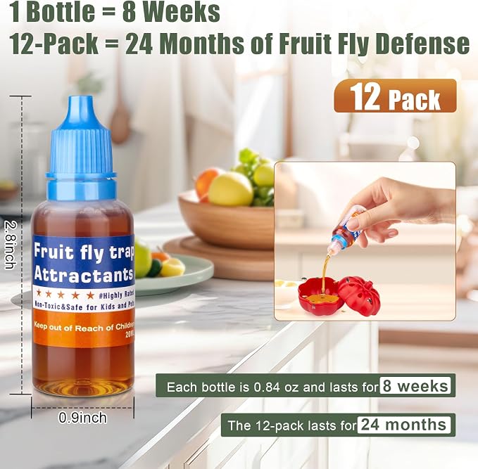 Fruit Fly Trap Refill Liquid, Effective Gnat Killer&Fruit Fly Catcher Bait Refill, Long-Lasting Fruit Scented Ants Attractant for Kitchen Bathroom Living Room Use, Safe Near Food (12 Pack)