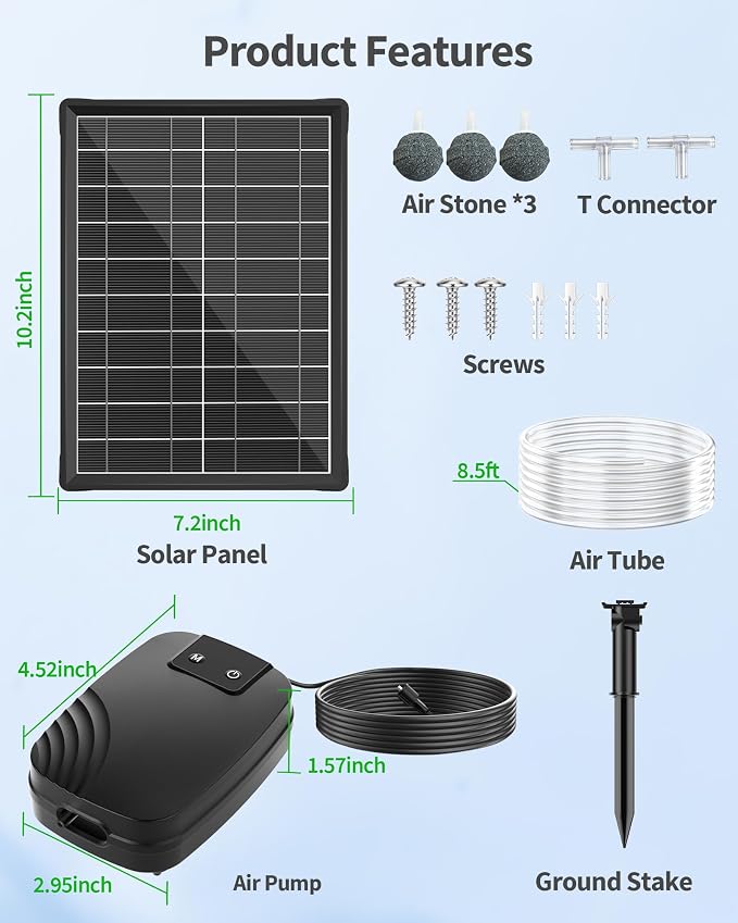 POPOSOAP 8W Solar Pond Aerator, Solar Air Pump for Pond with Solar & Battery Dual Power, 24H Continuous Aeration, 3 Working Modes for Small Pond, Fish Pond, Fish Tank P9275