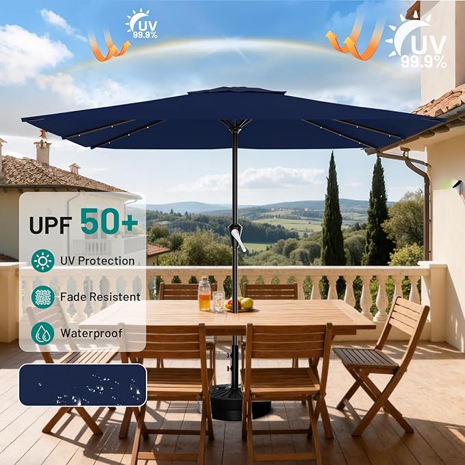 AreShark 8' X 10' Rectangular Patio Umbrella with Solar Lights, Lighted Solar Umbrella with Crank, Outdoor Table Umbrella for Garden, Deck, Backyard, Pool and Beach, Navy
