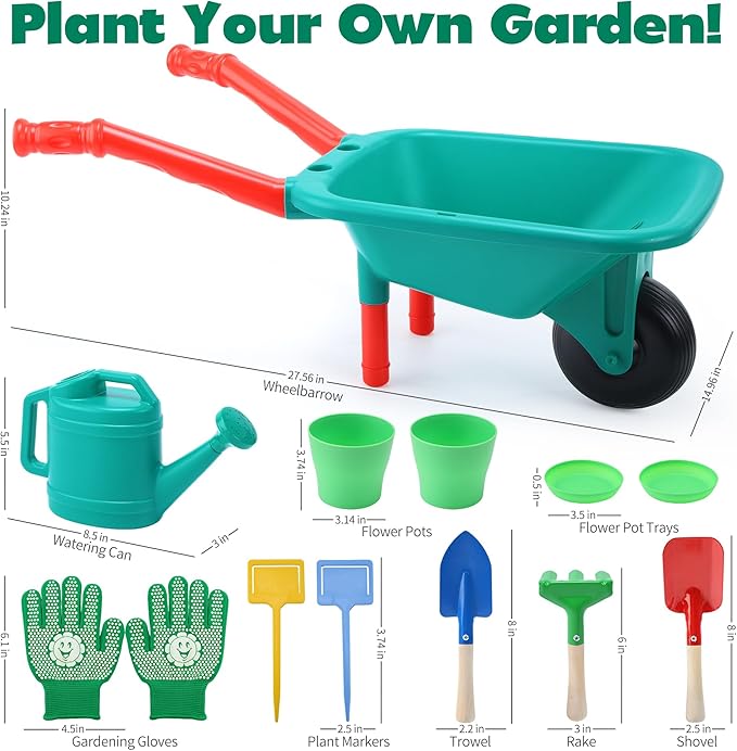 CUTE STONE Kids Gardening Set with Toy Wheelbarrow, Indoor & Outdoor Yard Play, Kids Garden Tools & Toddler Gardening Kit with Gloves, Pots & Watering Can, Educational Garden Toys for Boys & Girls