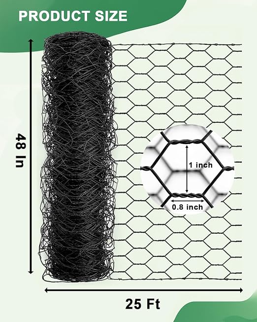 Vensovo Black PVC Coated Chicken Wire, 48in x 25ft Poultry Netting Roll, 1 inch Hex Mesh Garden Fence for Chicken Coop, Rabbit Pen, Yard