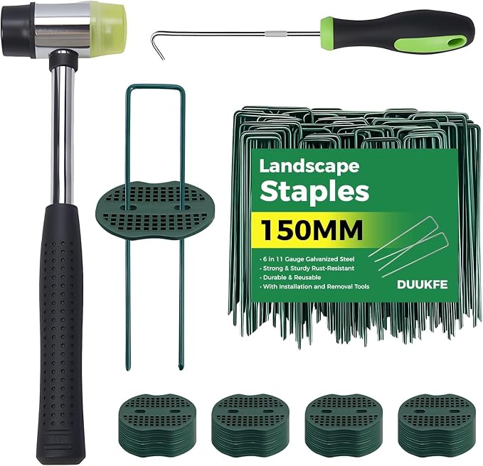 150Pcs Garden Staples +150Pcs Gasket +Pick Hook +Rubber Mallet, 6 Inch Landscape Fabric Stakes Galvanized Weed Barrier Stakes 11 Gauge Landscape Pins U Shape Lawn Staples for Yard, Sod, Turf, Green
