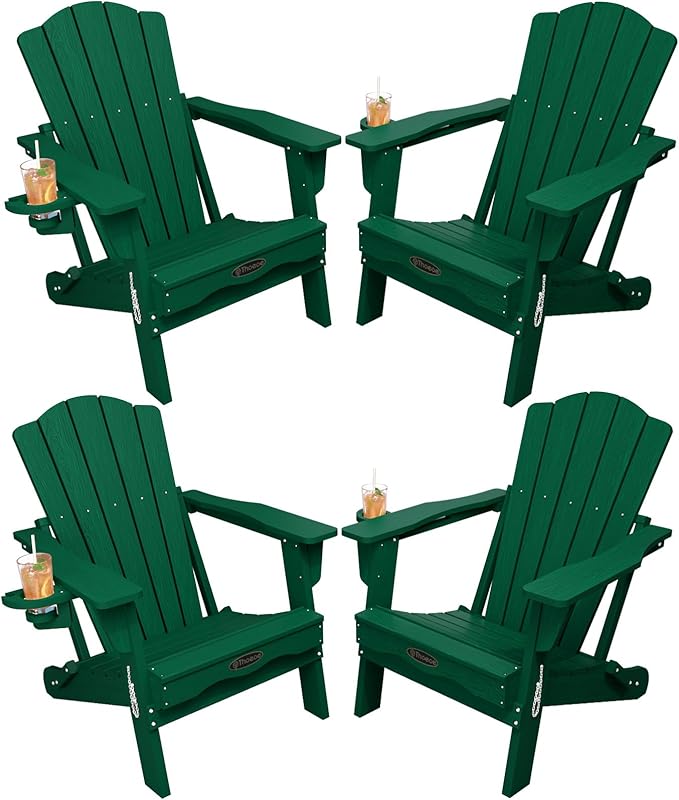 THOEOE Folding Adirondack Chair Set of 4, HDPE All-Weather Outdoor Chair with Cup Holder, Wooden Textured, Fire Pit Chair, Plastic Patio Chair for Deck, Backyard, Garden, Lawn, Green