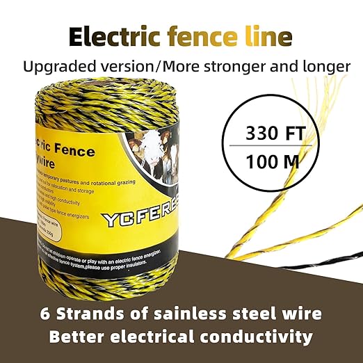 Upgraded Electric Fence Polywire 330 Feet，100 Meter，6 Stainless Steel Strands for Reliable Conductivity and Rust Resistance，Portable Electric Fence Rope