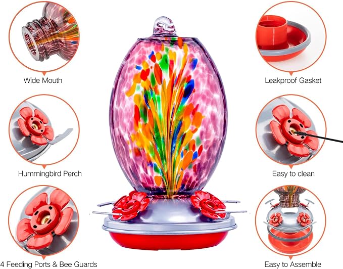 Muse Garden Glass Humming Bird Feeders for Outdoors - 27OZ Blown Glass Hummingbird Feeder - Unique Gift Mom Women, Outdoors Hanging Garden Decor, Includes Ant Moat & Brush, Purple Fireworks | Muse Garden Glass Humming Bird Feeders for Outdoors - 27OZ B...