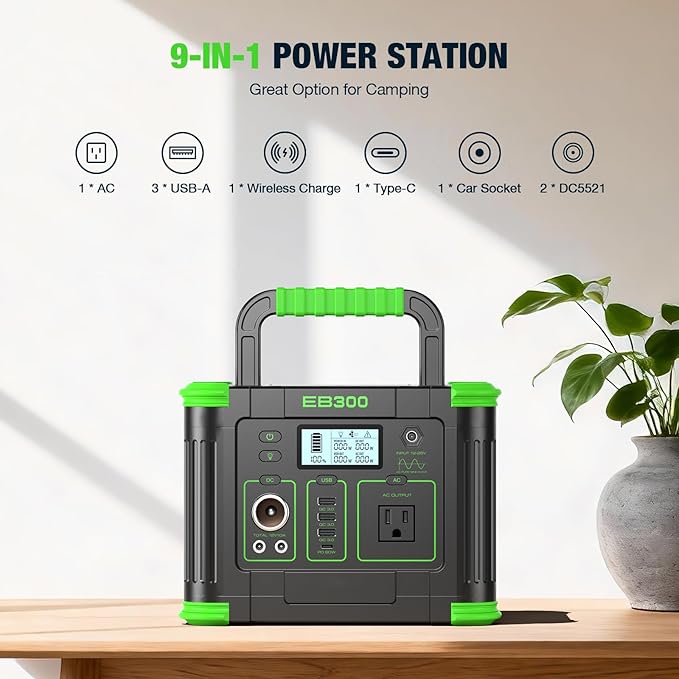 300W Portable Power Station 288.6Wh Solar Generator with 600W Peak, PD 60W USB-C, QC3.0 & 5W Wireless Charger for Camping, Emergency Backup, RV & Home Use