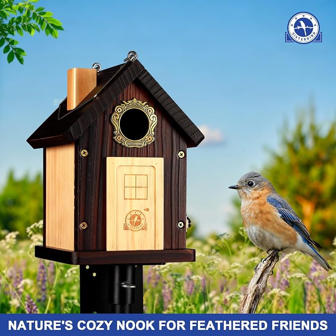 SISTERBIRD Bluebird House, Premium Bird Houses for Outside, Wooden Cabin Blue Bird Houses for Outdoors, Courtyard Decorated Hanging Bird House