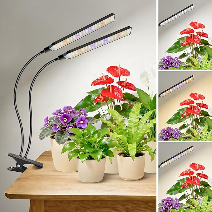 Kullinss Black Grow Light, 2-Head Plant Lights for Indoor Growing with 6/12/16H Timer, 3 Color Modes, 5 Dimmable Levels, 114 LEDs Full Spectrum Clamp Grow Lamp for Indoor Plants, Herbs, Seedlings