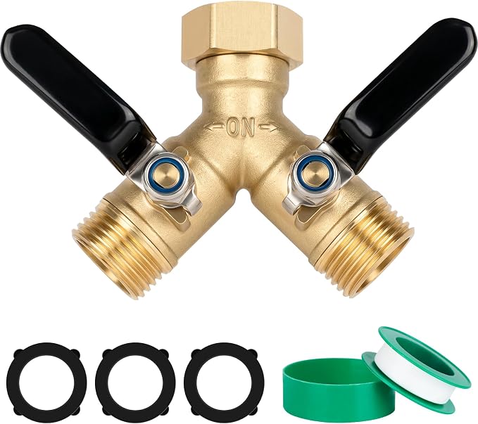Dalmbox Garden Hose Splitter 2 Way, Brass Y Hose Connector With Long Handle Shut Off Valves, 3/4" GHT Heavy Duty Outdoor Faucet Adapter, Water spigot Splitter for Garden Watering, Lawn, Car Wash