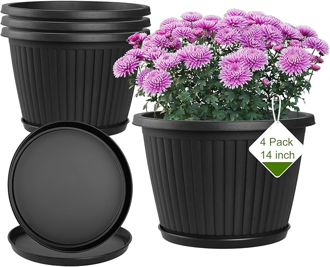 Fodetyff 14-inch-Plastic-Plant-Pots-with-Saucer, Flower Pots Containers for Indoor Outdoor Plants, Large Resin Planter with Drainage Holes and Saucers for Snake Plant Monstera