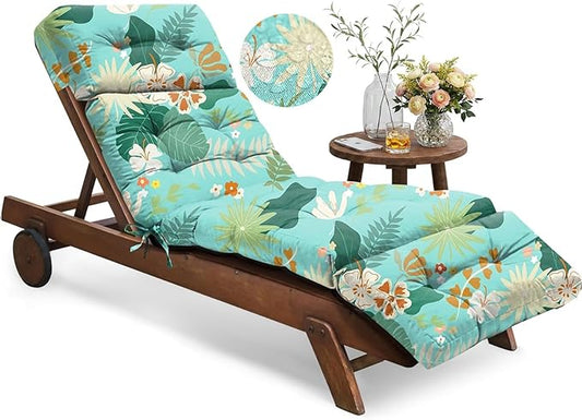 Outdoor Chaise Lounge Chair Cushion Waterproof 74.4 x 22 x 4.7 Inches Thickened Memory Foam Patio Lounge Chair Cushions Replacement for Outdoor Furniture with Ties, Cyan Floral Leaf