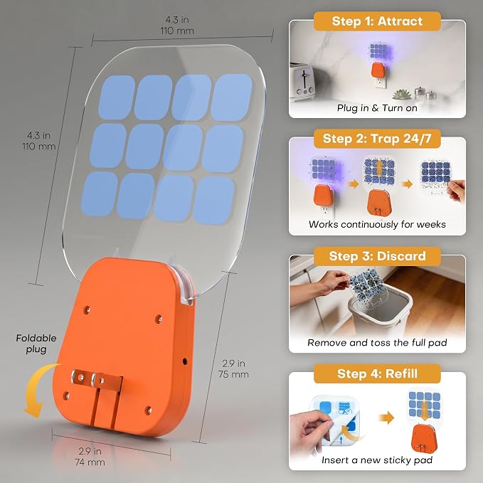 Fruit Fly Traps,Plug in Fly Trap with UV Light & Glue Cards,Fly Trap Indoors for Gnats, Mosquitoes,Moths & More,Insect Trapper for House Kitchen Garage, 2 Pack & 6 Refills