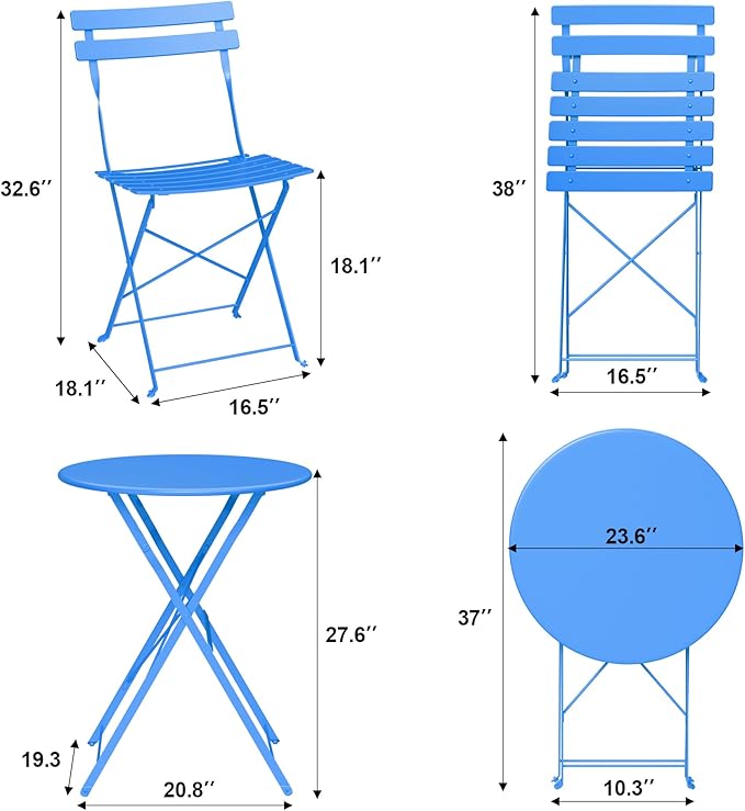 Bistro Table and Chairs Set of 2, 3 Piece Outdoor/Indoor Folding Patio Bistro Sets, 2 Chair Patio Furniture Set with Table, Premium Frame Foldable Coffee Tables for Balcony, Yard, Garden, Blue