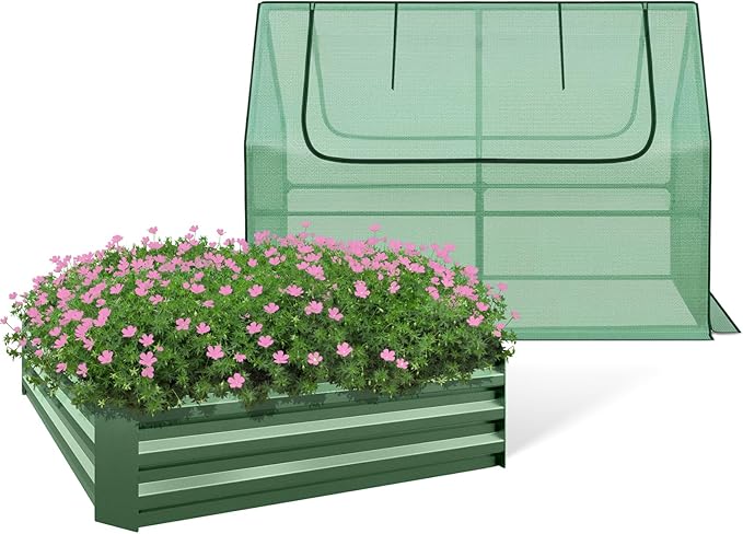 BPS Raised Garden Bed Set, 4x4x1 FT Metal Bottomless Flower Bed with PE Cover for Outdoor Planting, Green