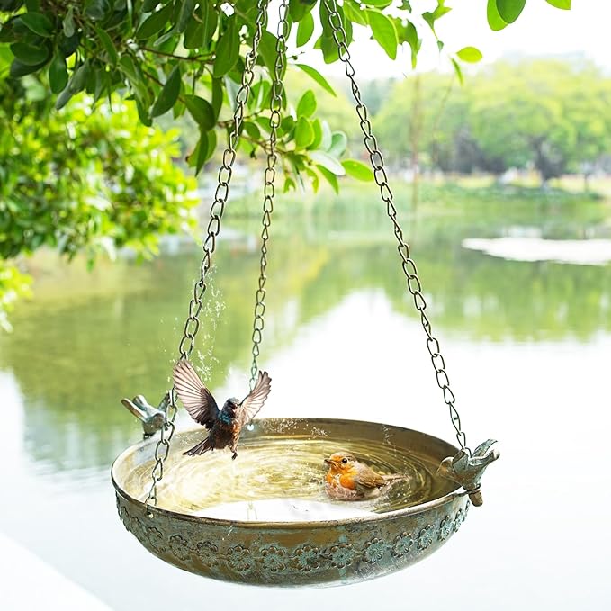 Hanging Bird Bath, Metal BirdBaths for Outdoors, Birdbath Hanging for Outside Bird Feeder Seed Tray Garden Yard Decor