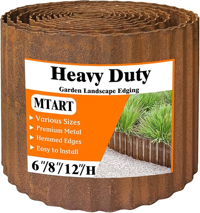 MTART Metal Garden Edging for Landscaping, Sturdy Corrugated Edging Border for DIY Flower Bed, Lawn and Landscape Edging (Rusty, 12"×20Ft)