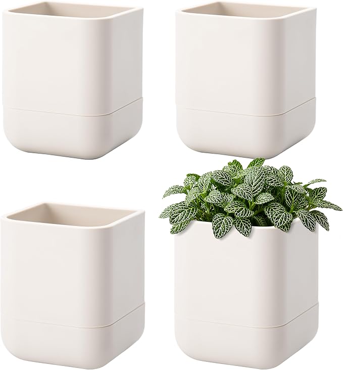 Phoenix Vine 3.5 Inch Wall Mounted Self-Watering Planter Pot for Indoor Houseplants and Herbs | Hanging Planter for Window Sills, Bathroom Walls, Home & Office Décor, Oatmeal, Set of 4, 01-A-G-4