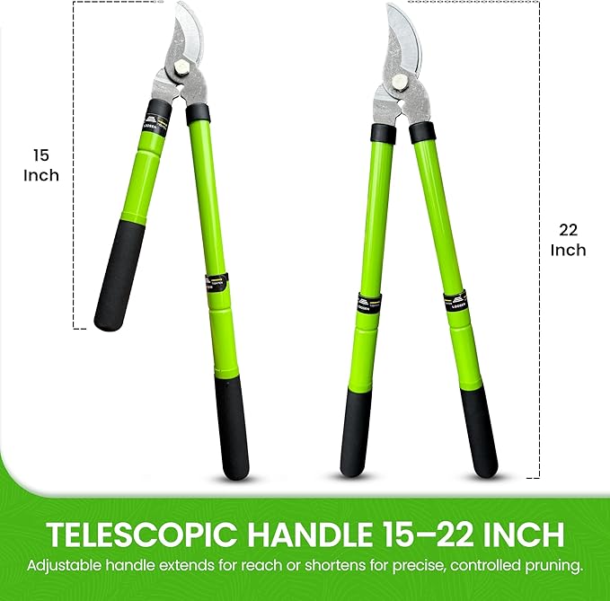 Garden Guru Bypass Loppers Tree Trimmer Clipper w/Telescopic Handle 15–22" - High Carbon Steel Blade Gardening Loppers Pruning Shear - Comfort Grip Handles – Branch Cutter – Cut Thick Branches w Ease