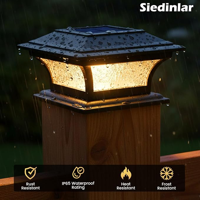 SIEDiNLAR Solar Post Cap Lights Outdoor Glass LED Fence Deck Light 2 Modes for 4x4 5x5 6x6 Wooden Vinyl Posts Patio Garden Decoration Warm White/Cool White Lighting Black (6 Pack)