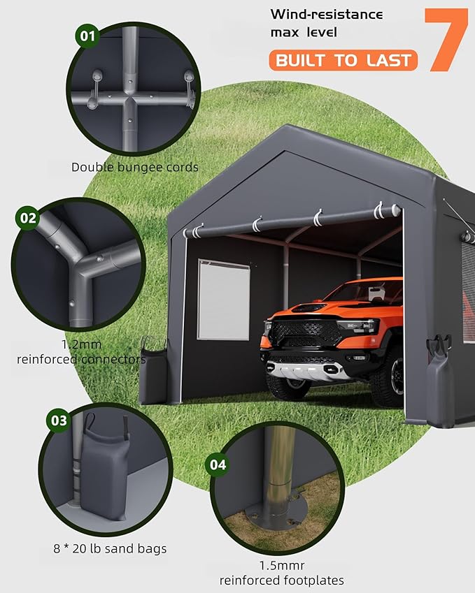 Hipicute 12'x20'x11' Heavy-Duty Portable Garage with Canopy Top, Front and Back Doors, Roll-Up Windows, Carport Shelter Reinforced Structure for Cars, Trucks, Boats, and Parties - Gray