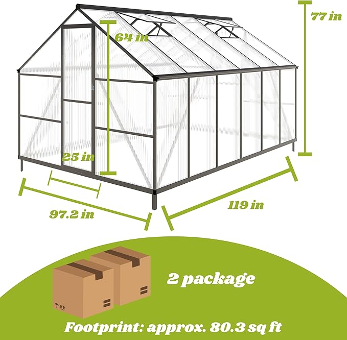 8x10 FT Greenhouse for Outdoors, Polycarbonate Greenhouse with Quick Setup Structure and Roof Vent, Aluminum Large Walk-in Green House for Outside Garden Backyard, Dark Gray