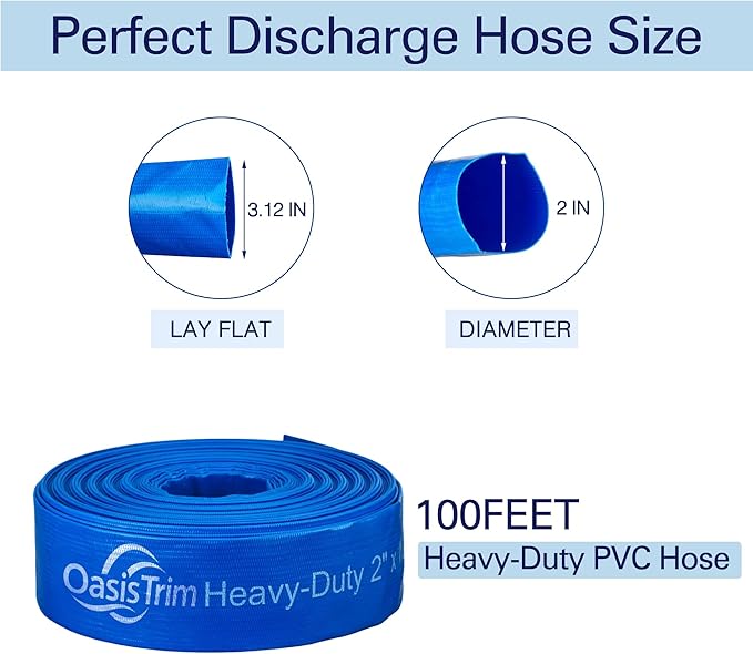 2" x 100FT Pool Backwash Hose, Heavy-Duty Pool Hose, Lay Flat Discharge Hose, Durable Burst Resistant, Pool Filter Pump Water Drainage, Sump Pump Discharge, with 2 Clamps